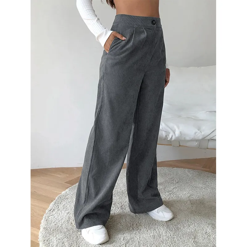 Women High Waist Corduroy Pants Wide Leg Straight Loose Trousers