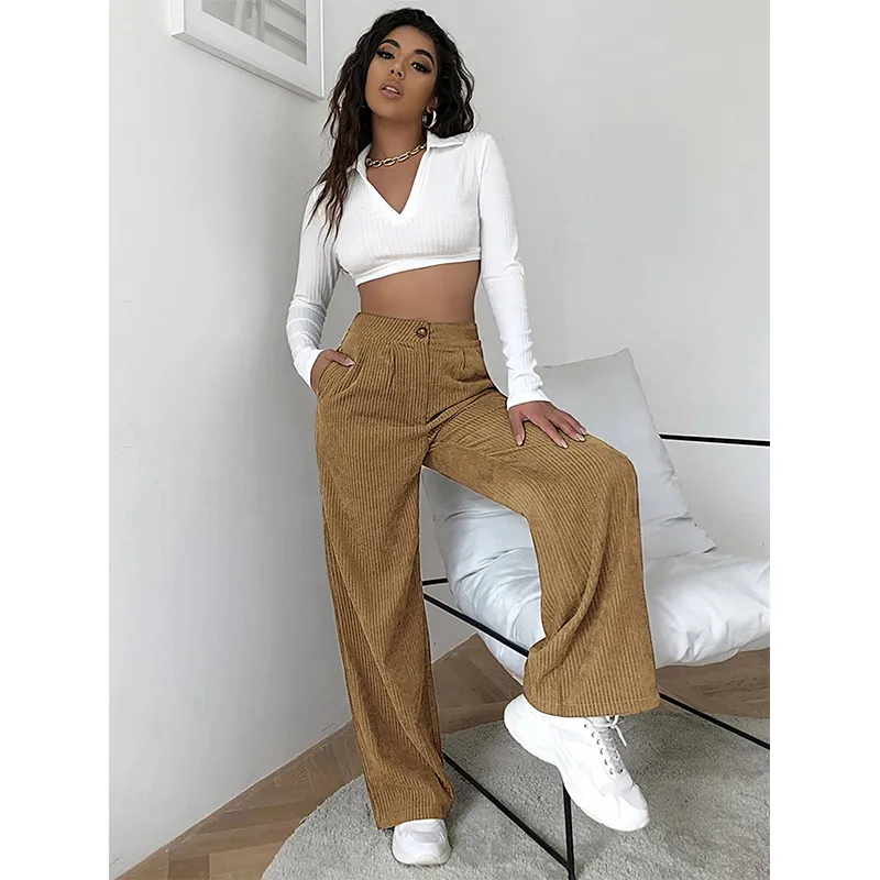 Women High Waist Corduroy Pants Wide Leg Straight Loose Trousers