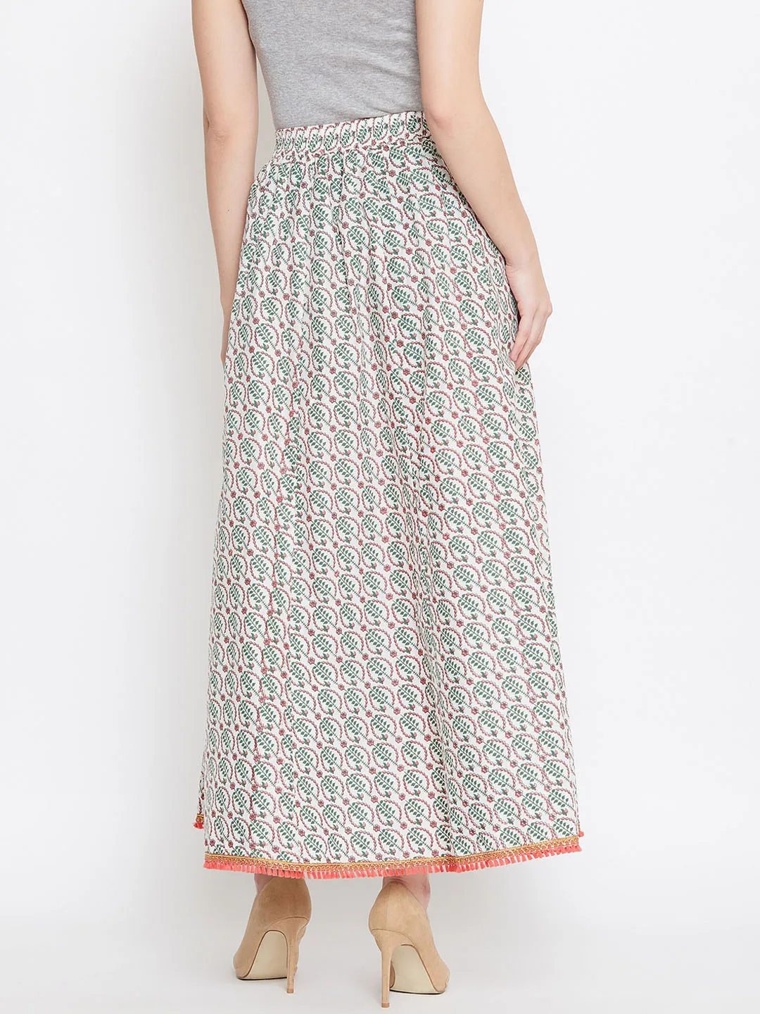 Women Off-White Green And Pink Printed Flared Maxi Skirt