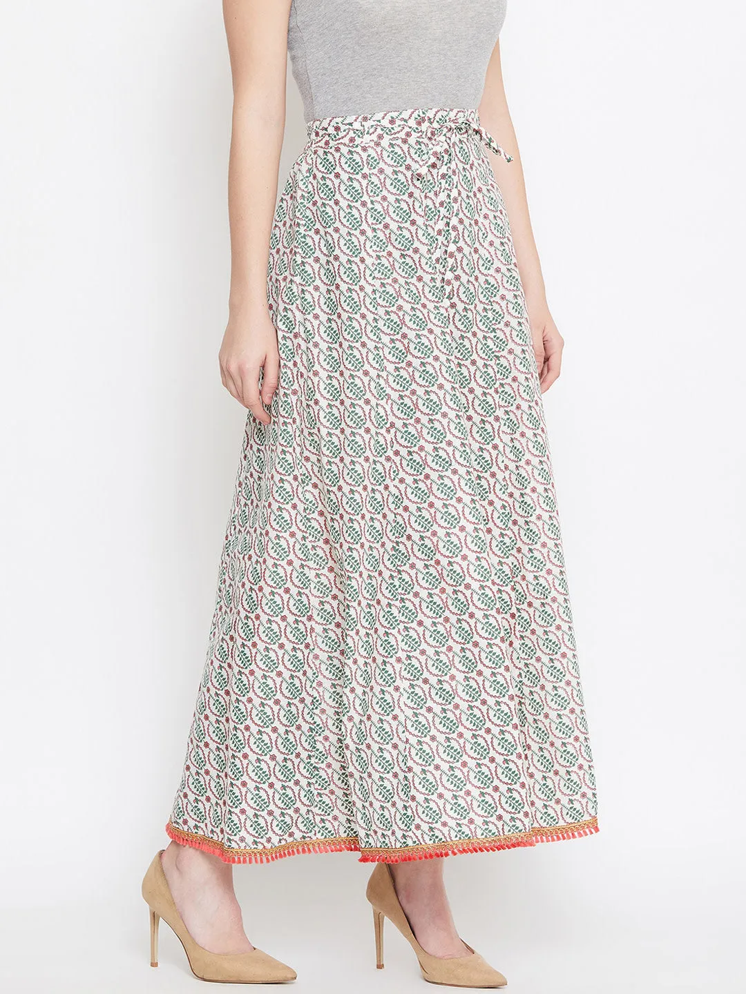 Women Off-White Green And Pink Printed Flared Maxi Skirt