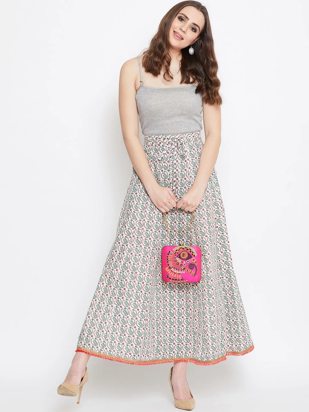 Women Off-White Green And Pink Printed Flared Maxi Skirt