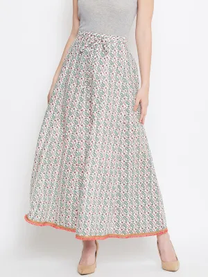 Women Off-White Green And Pink Printed Flared Maxi Skirt