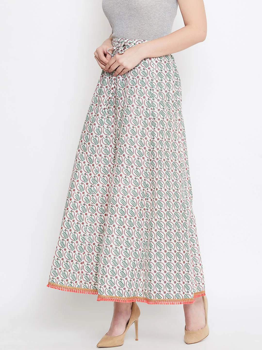 Women Off-White Green And Pink Printed Flared Maxi Skirt