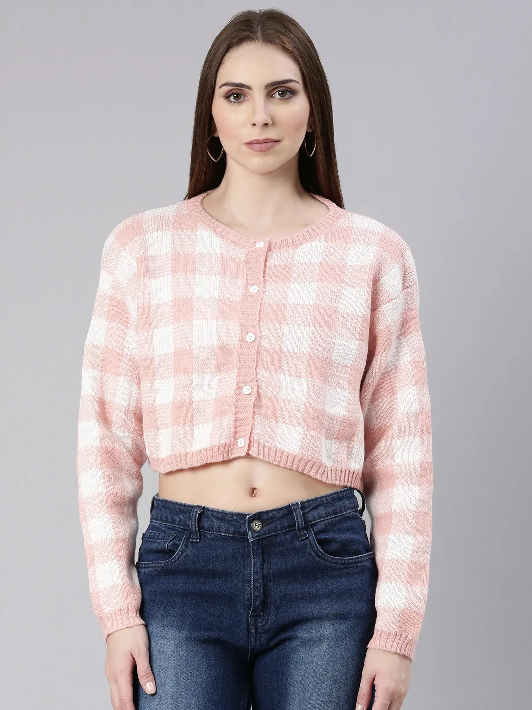 Women Peach Checked Cardigan