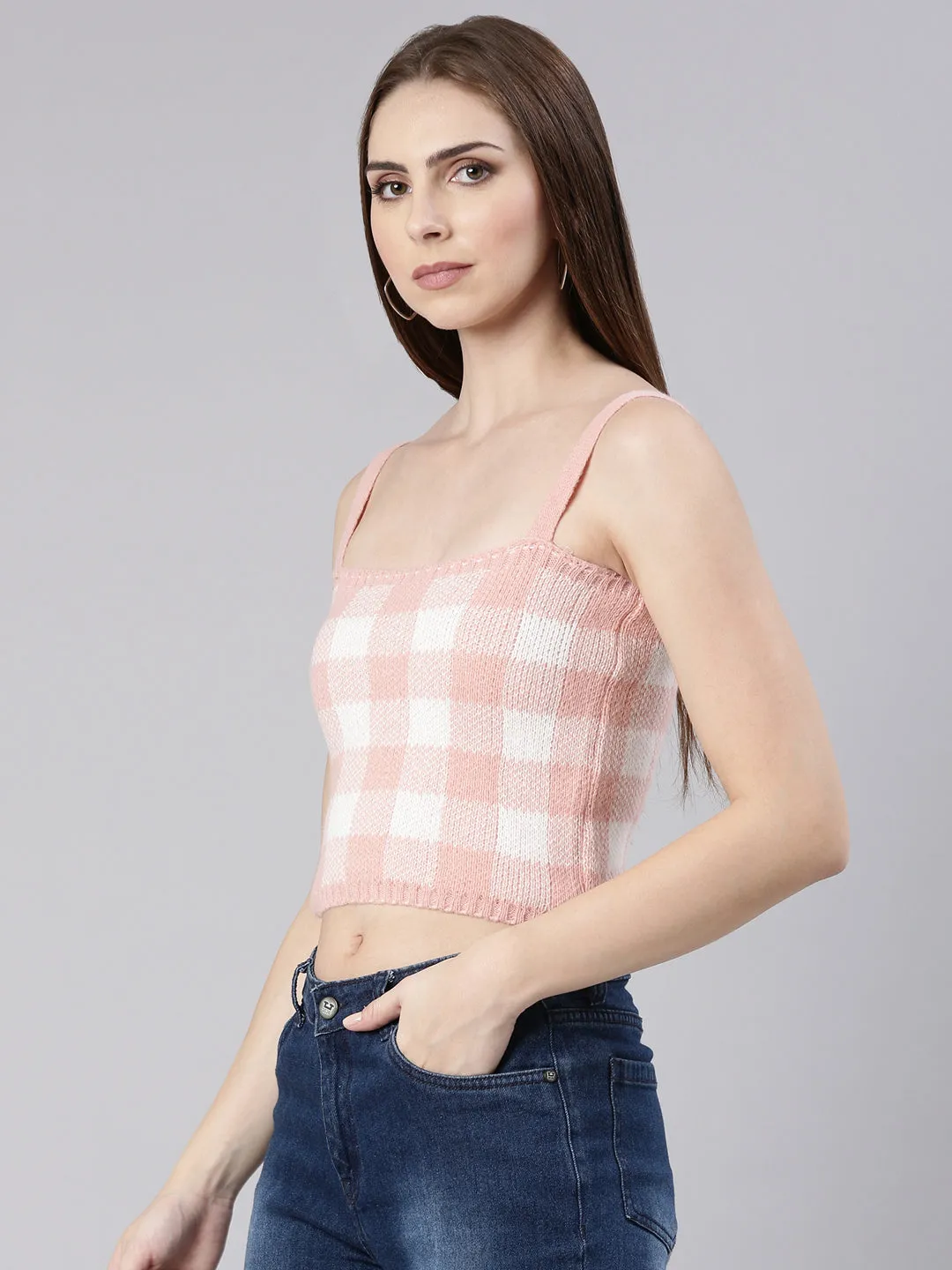 Women Peach Checked Cardigan