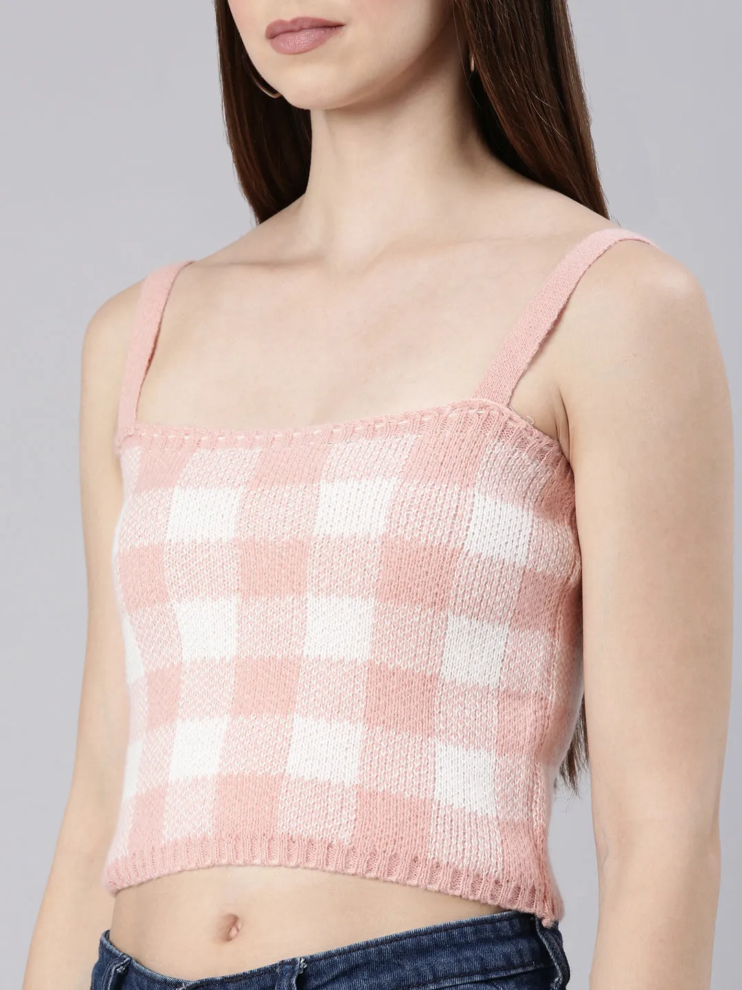 Women Peach Checked Cardigan