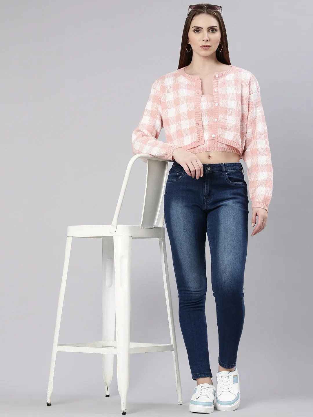 Women Peach Checked Cardigan