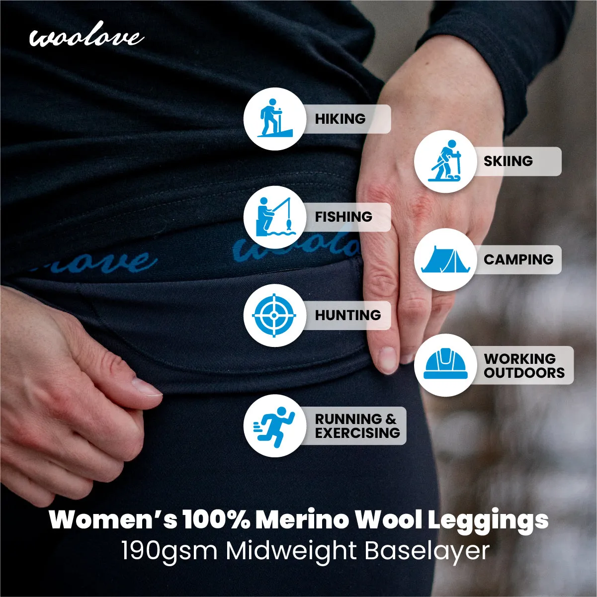 Women's 100% Merino Wool Long Underwear Base Layer Leggings 190 GSM - Midweight