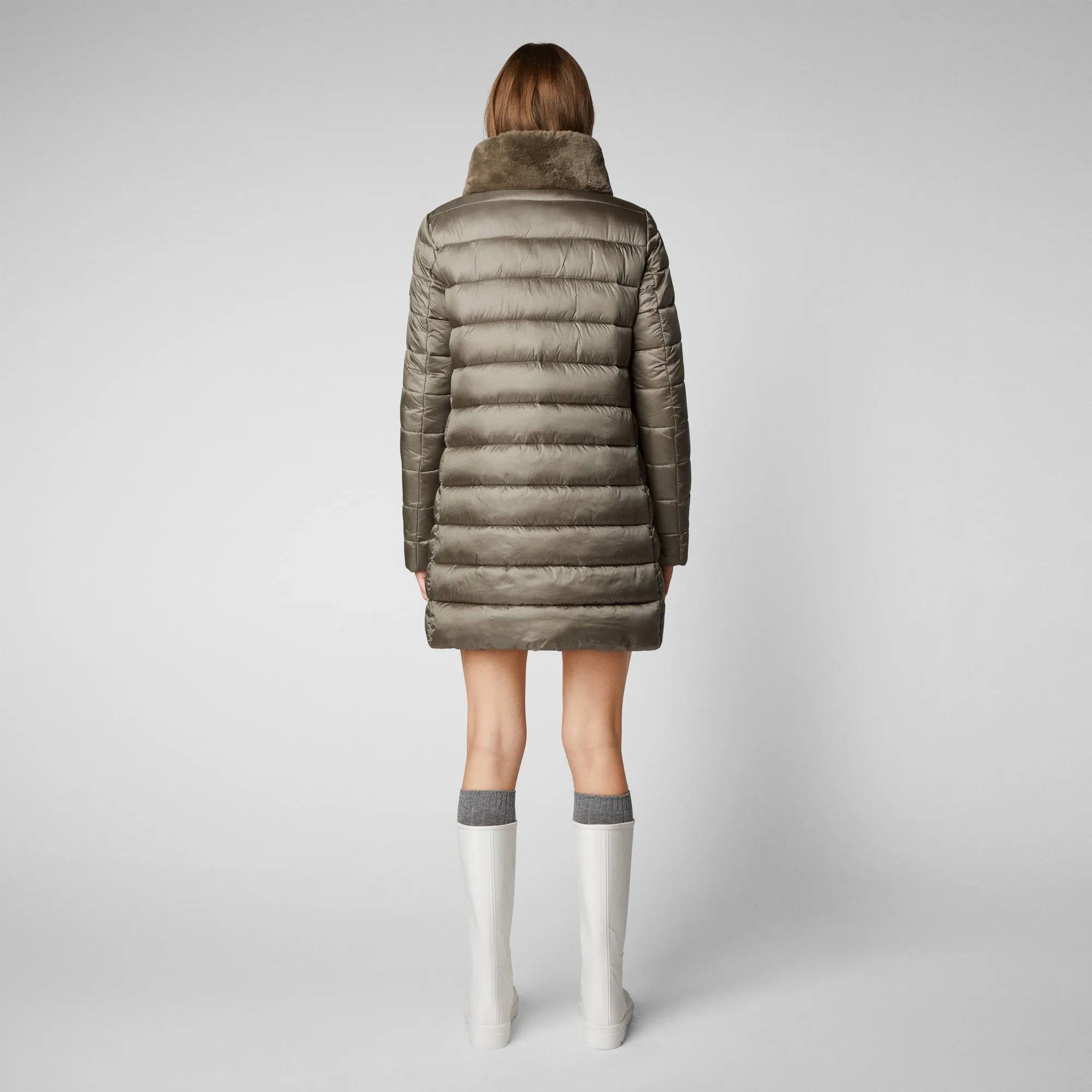 Women's Dalea Puffer Coat with Faux Fur Collar in Mud Grey