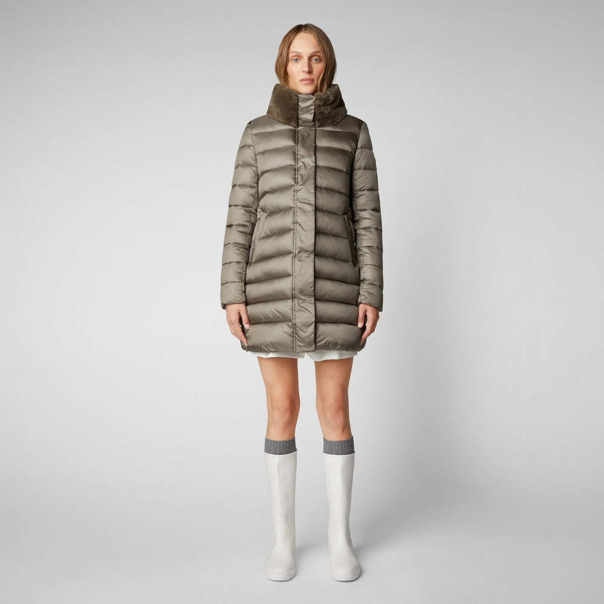 Women's Dalea Puffer Coat with Faux Fur Collar in Mud Grey