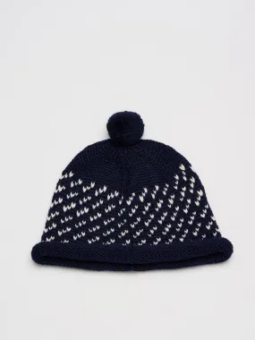 Wool Jacquard Beanie w. Pom, Navy