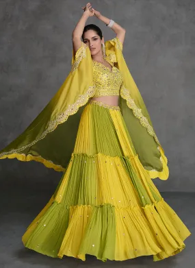 Yellow And Green Mirror Work Embroidery Cape Style Lehenga